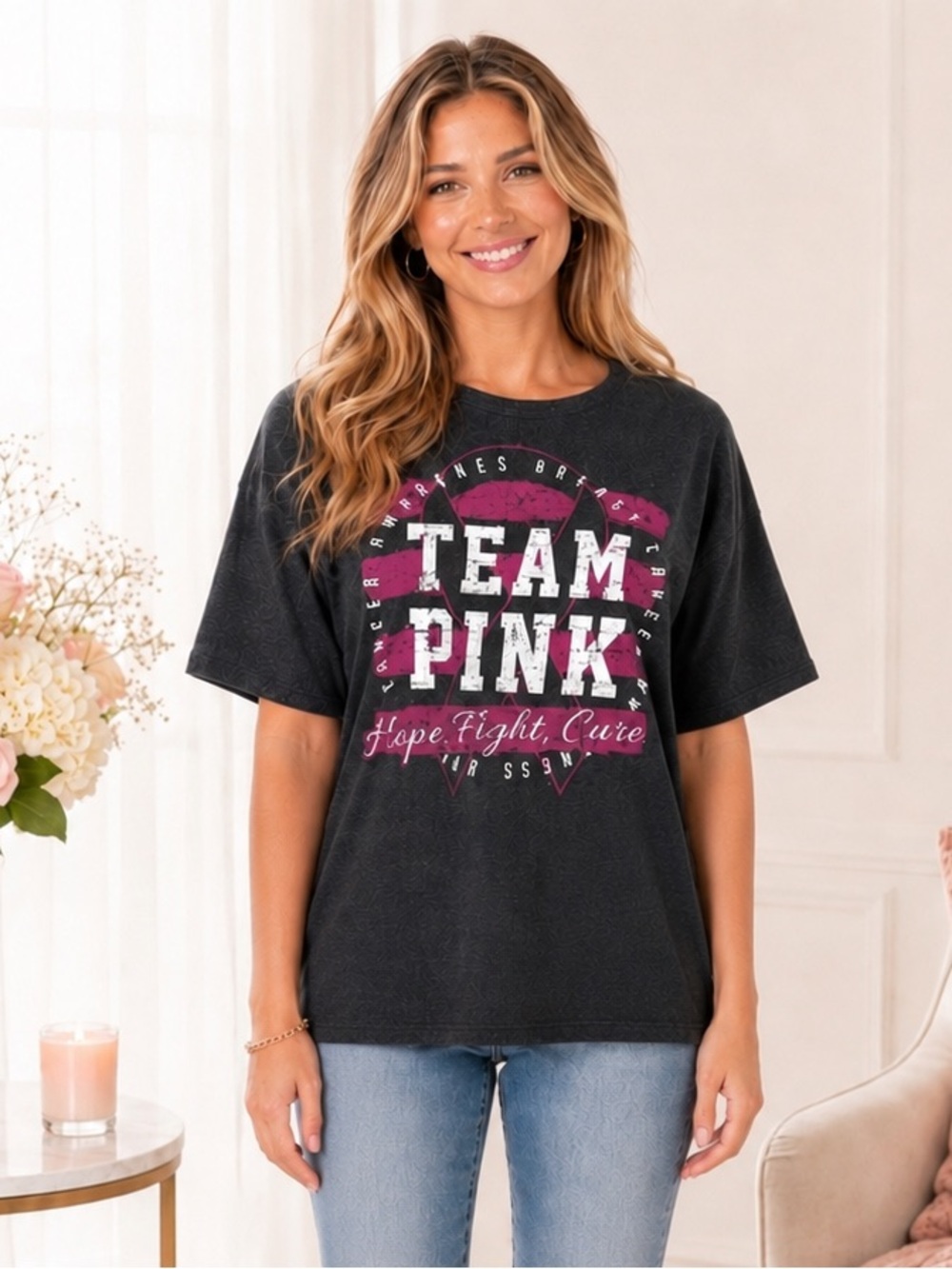 Team Pink Breast Cancer Awareness Graphic Tee Gray Pink Short Sleeve Top NWT M